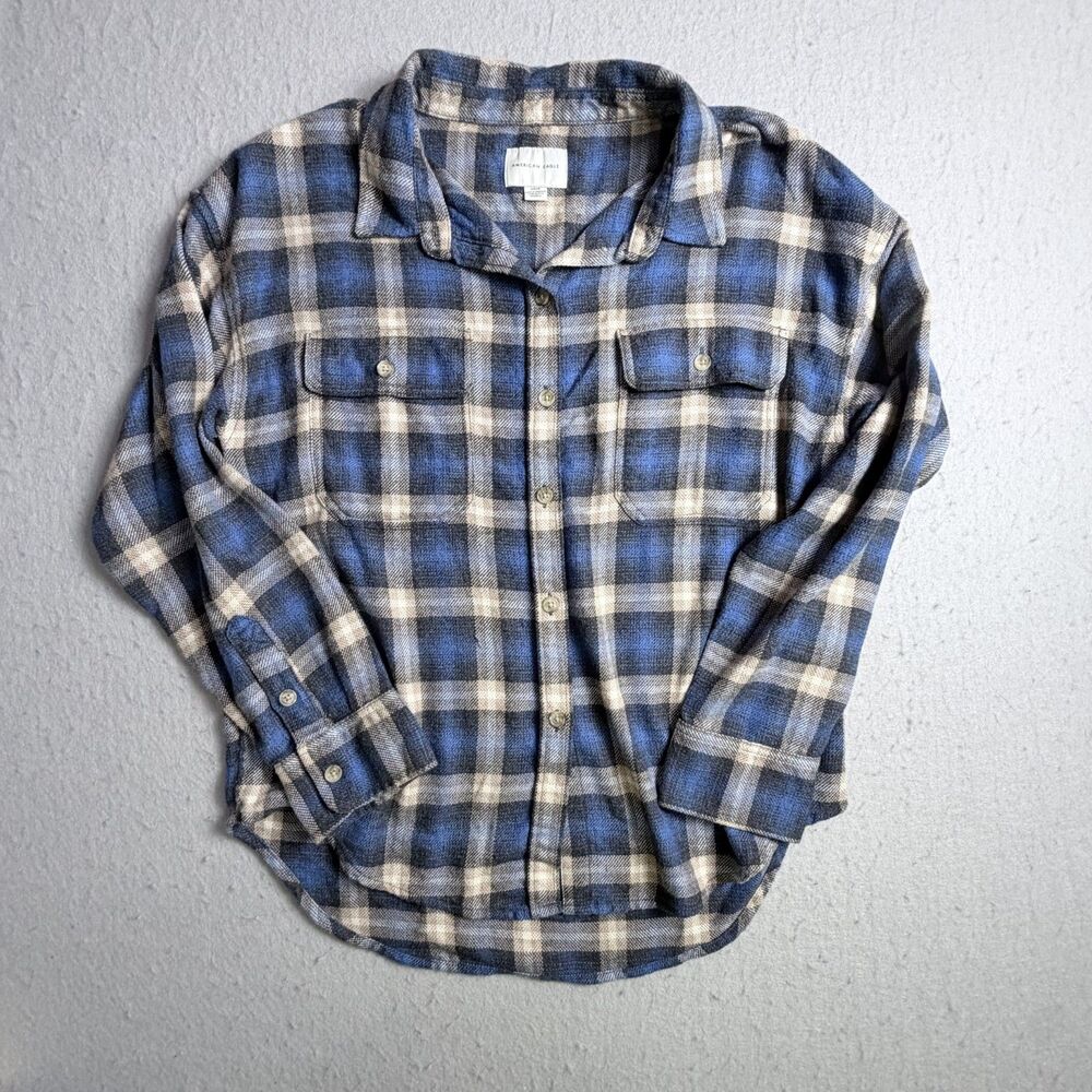 American Eagle Mens Flannel Long Sleeve Plaid Blue Small Super Soft Button Down